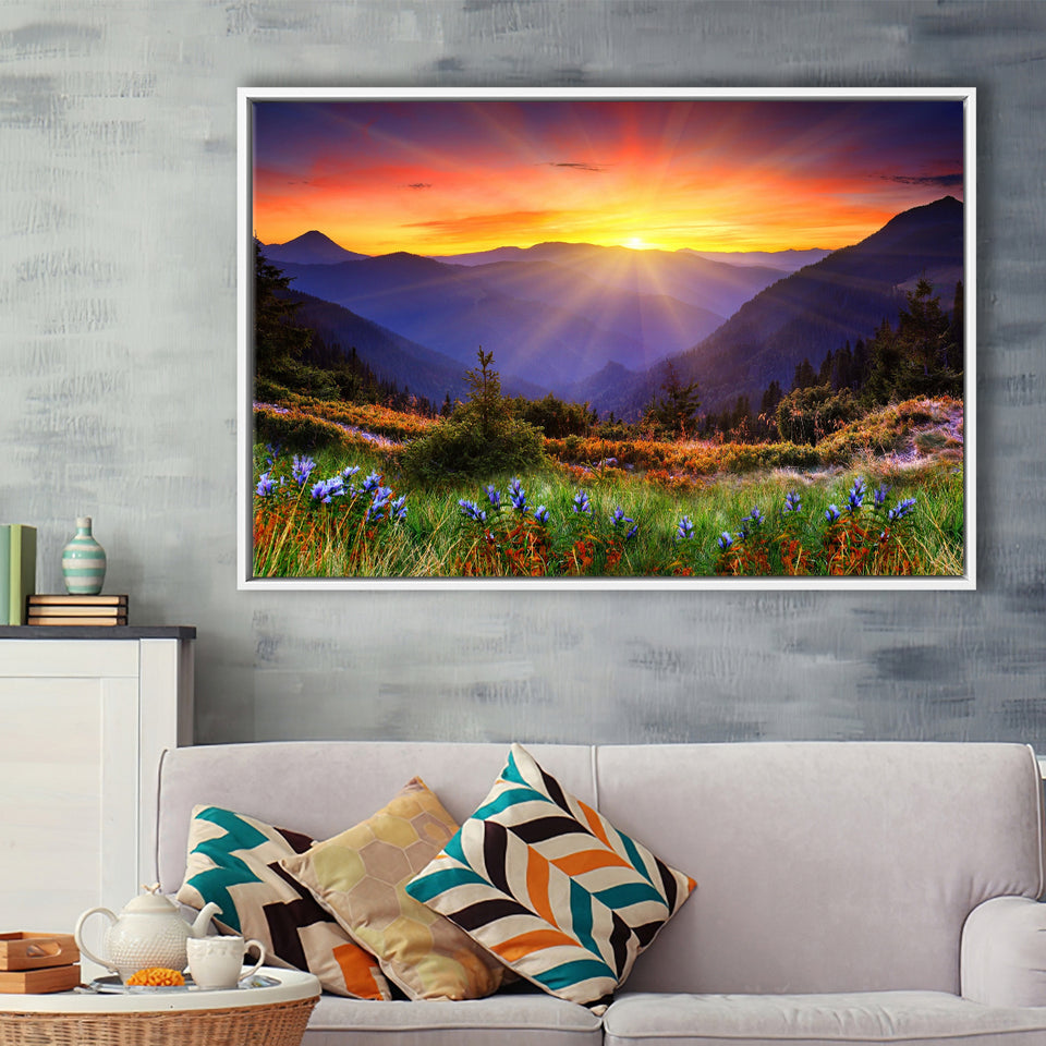 Sunrise In A Mountain, Beautiful Scene Art Framed Canvas Prints Wall Art, Floating Frame, Large Canvas Home Decor