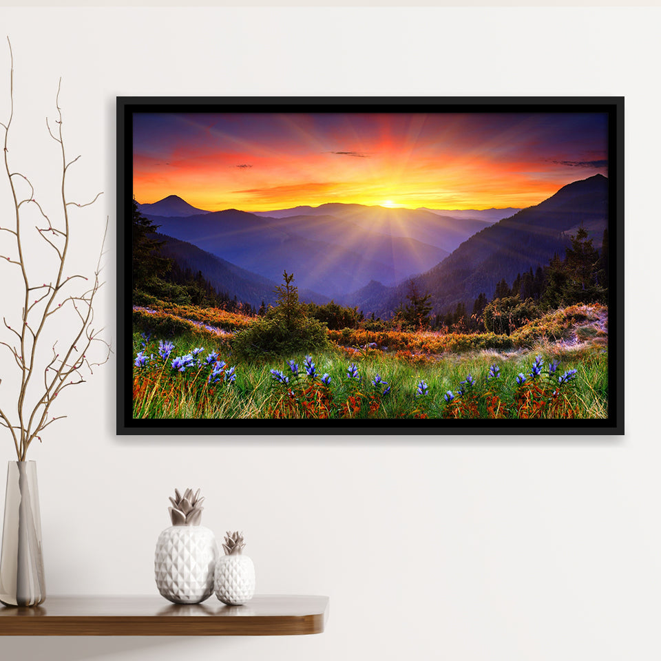 Sunrise In A Mountain, Beautiful Scene Art Framed Canvas Prints Wall Art, Floating Frame, Large Canvas Home Decor