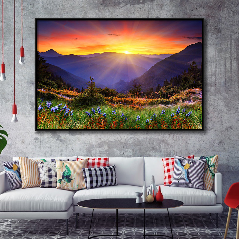 Sunrise In A Mountain, Beautiful Scene Art Framed Canvas Prints Wall Art, Floating Frame, Large Canvas Home Decor