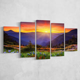 Sunrise In A Mountain, Beautiful Scene Art, 5 Panel Canvas Prints Wall Art,Mixed Canvas, Large Canvas