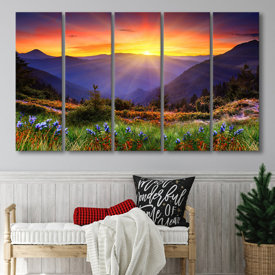 Sunrise In A Mountain, Beautiful Scene Art, 5 Panel B Canvas Prints Wall Art, Extra Large Canvas Decor