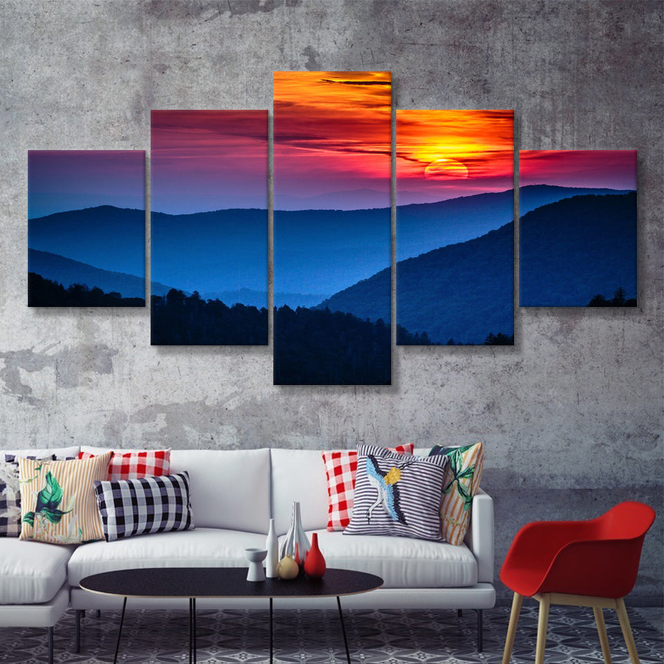 Sunset Smokey Mountain  5 Pieces Canvas Prints Wall Art - Painting Canvas, Multi Panels, 5 Panel, Wall Decor