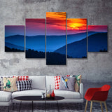 Sunset Smokey Mountain  5 Pieces Canvas Prints Wall Art - Painting Canvas, Multi Panels, 5 Panel, Wall Decor