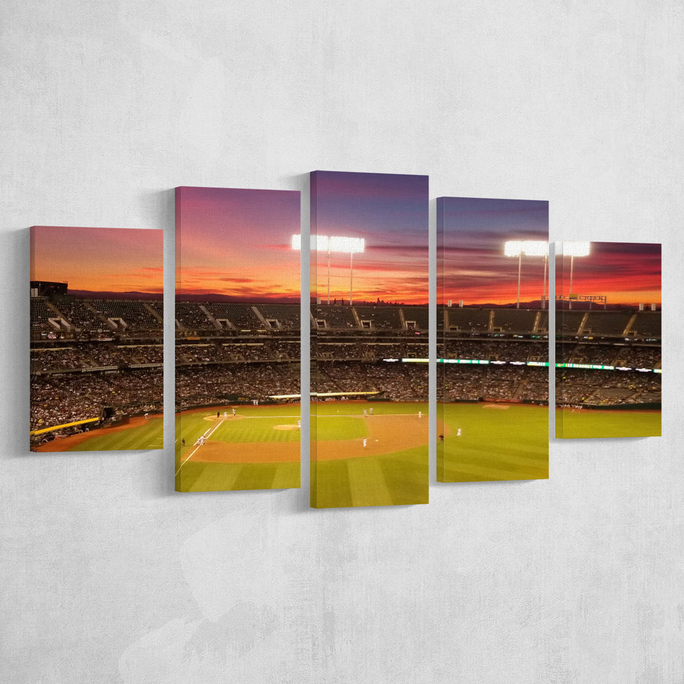 Sunset at Oakland Coliseum, Stadium Canvas, Sport Art, Large Canvas, Multi Panels, Canvas Prints Wall Art Decor