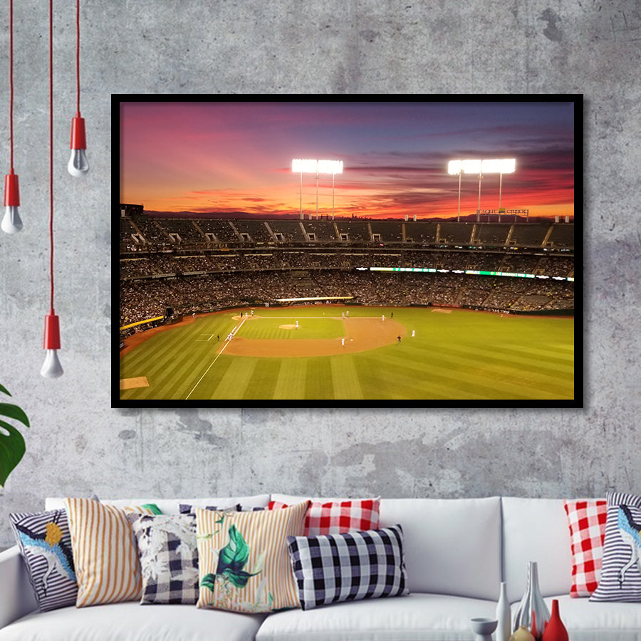 Sunset at Oakland Coliseum, Stadium Canvas, Sport Art, Gift for him, Framed Art Prints Wall Art Decor, Framed Picture