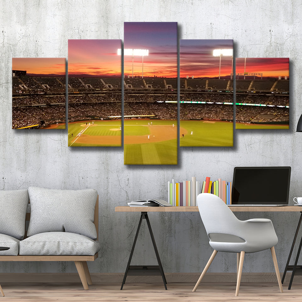 Sunset at Oakland Coliseum, Stadium Canvas, Sport Art, Large Canvas, Multi Panels, Canvas Prints Wall Art Decor