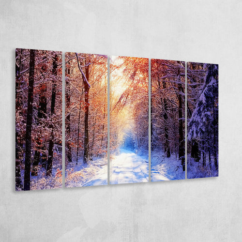 Sunset In A Snowy Forest, Multi Panels, 5 Pieces B, Canvas Prints Wall Art Home Decor,X Large Canvas