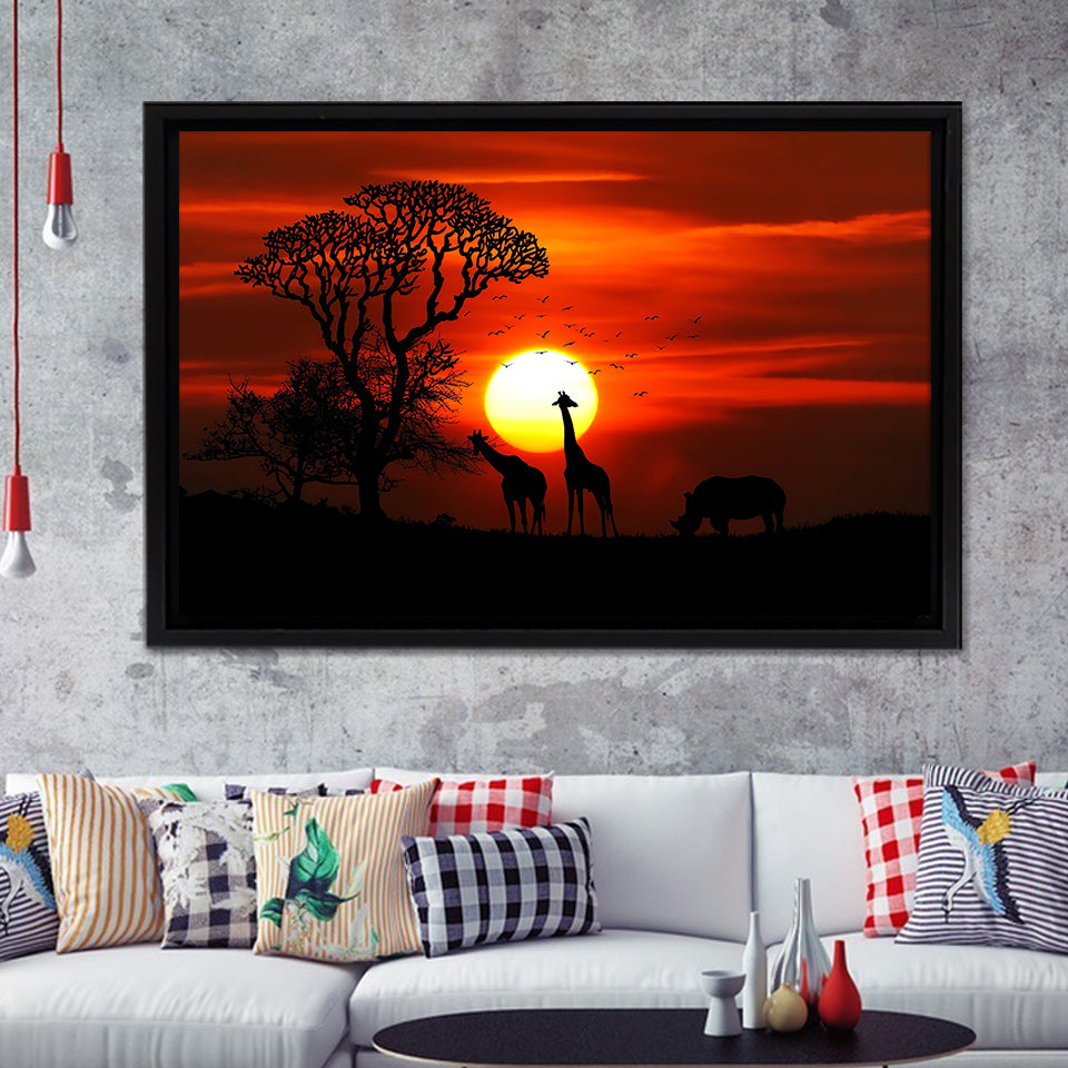 Sunset of Africa Framed Canvas Prints Wall Art - Painting Canvas,African Art,Wall Decor, Floating Frame, For Sale