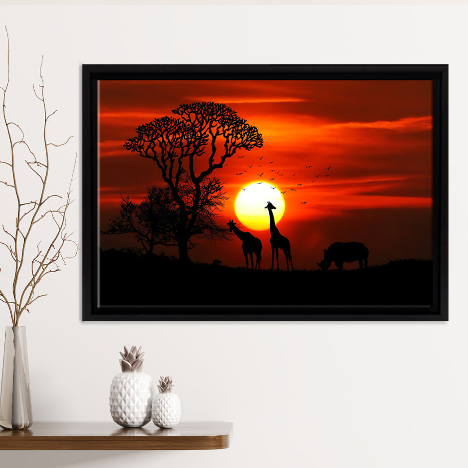 Sunset of Africa Framed Canvas Prints Wall Art - Painting Canvas,African Art,Wall Decor, Floating Frame, For Sale