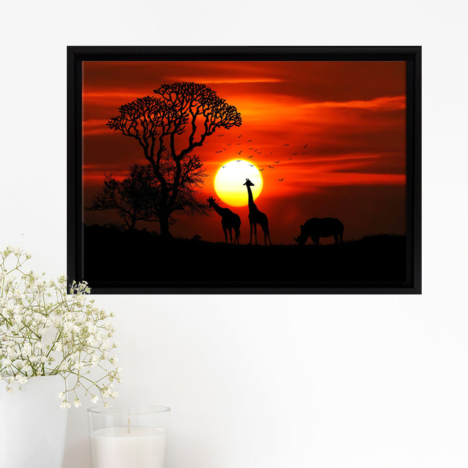 Sunset of Africa Framed Canvas Prints Wall Art - Painting Canvas,African Art,Wall Decor, Floating Frame, For Sale