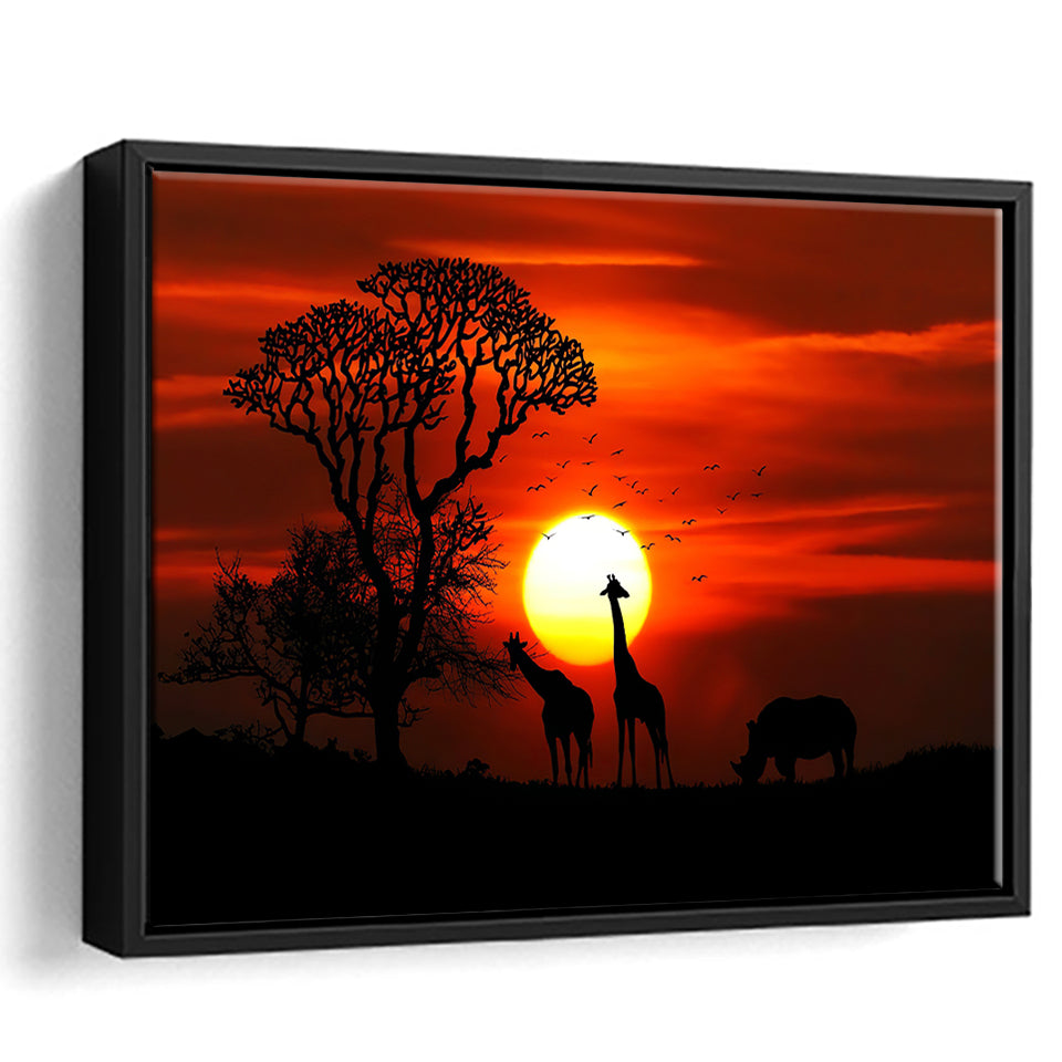 Sunset of Africa Framed Canvas Prints Wall Art - Painting Canvas,African Art,Wall Decor, Floating Frame, For Sale