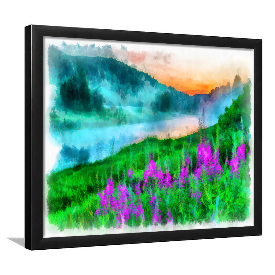 Sunset On The River With Pink Flowers Framed Wall Art - Framed Prints, Art Prints, Print for Sale, Painting Prints