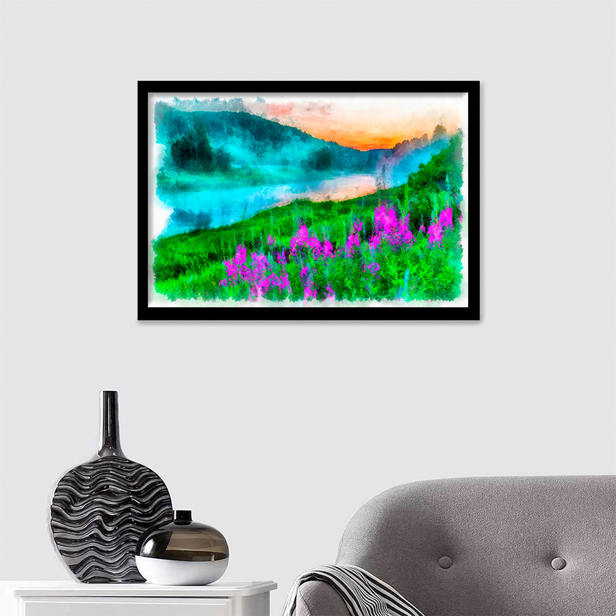 Sunset On The River With Pink Flowers Framed Wall Art - Framed Prints, Art Prints, Print for Sale, Painting Prints