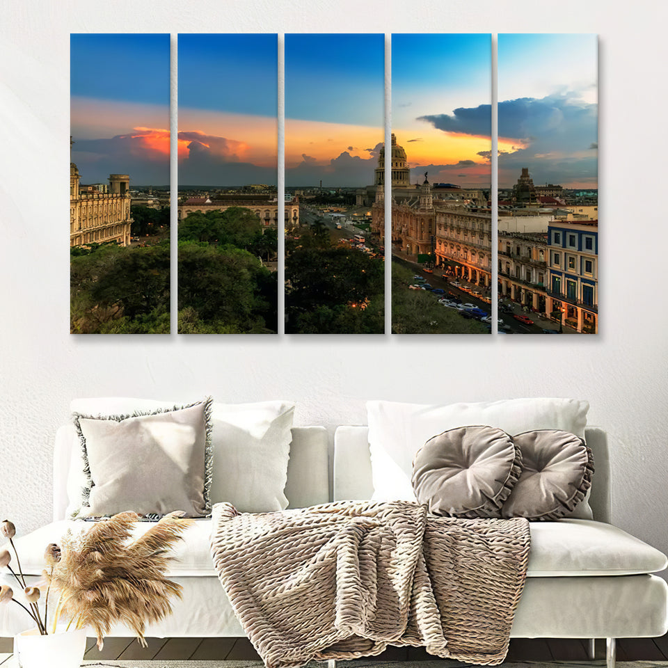 Sunset over Havana Cuba 5 Pieces Canvas Prints Wall Art - Painting Canvas, Multi Panels, Wall Decor