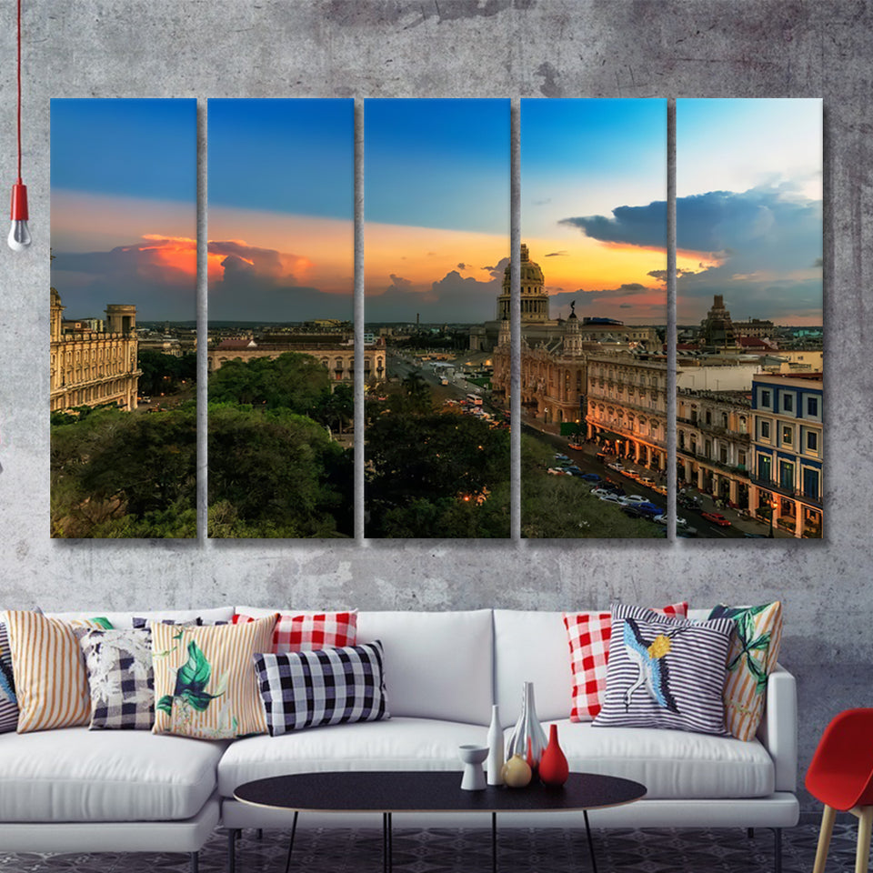 Sunset over Havana Cuba 5 Pieces Canvas Prints Wall Art - Painting Canvas, Multi Panels, Wall Decor
