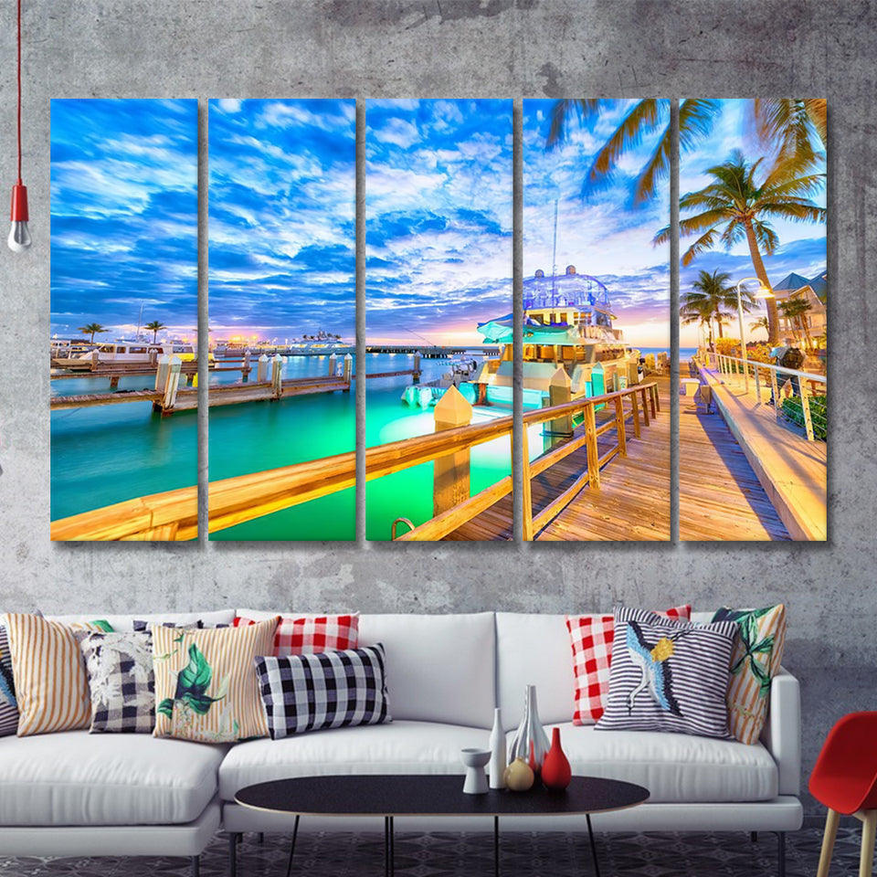 Sunset Over Key West Florida 5 Pieces Canvas Prints Wall Art - Painting Canvas, Multi Panels, Wall Decor