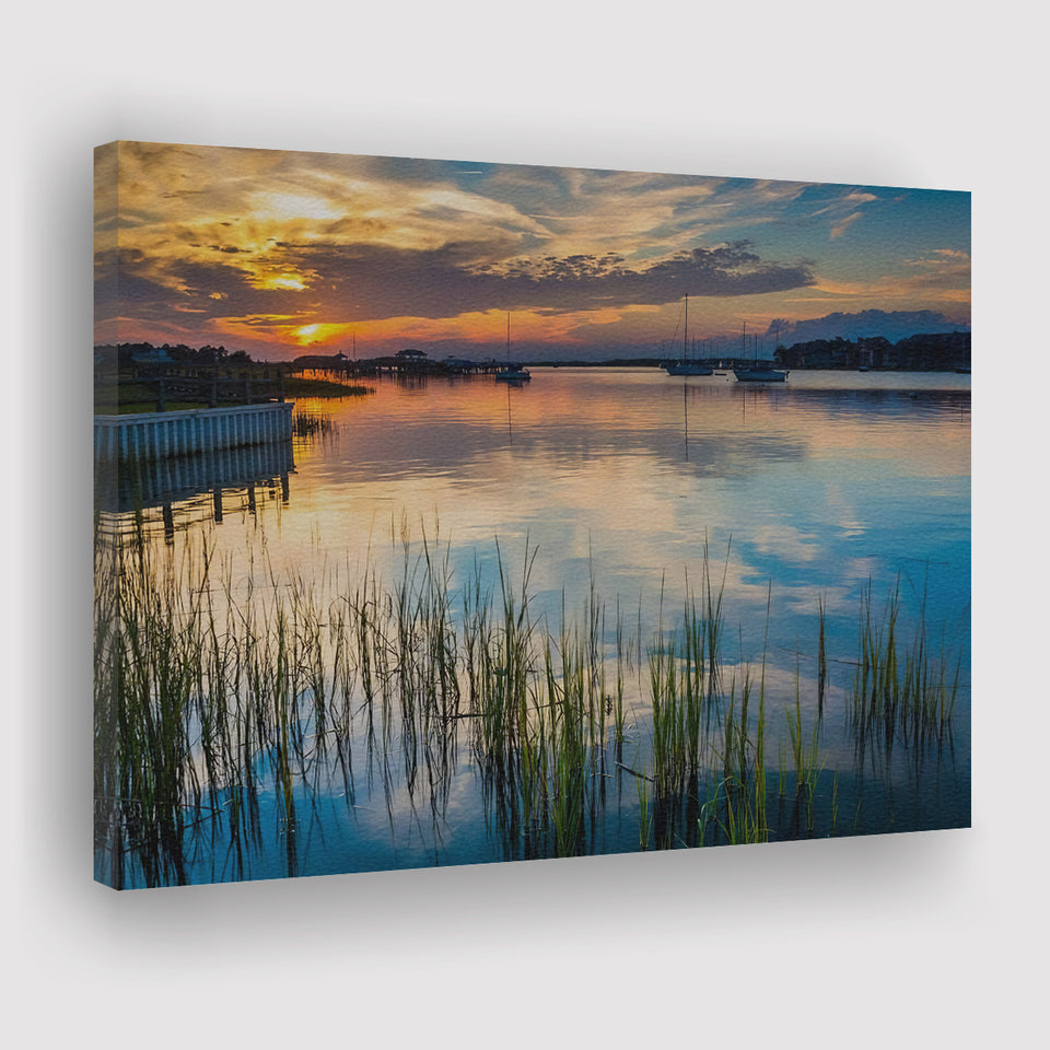 Sunset over the Folly River in Folly Beach South Carolina Canvas Prints Wall Art - Painting Canvas, Wall Decor, Home Decor, Prints for Sale
