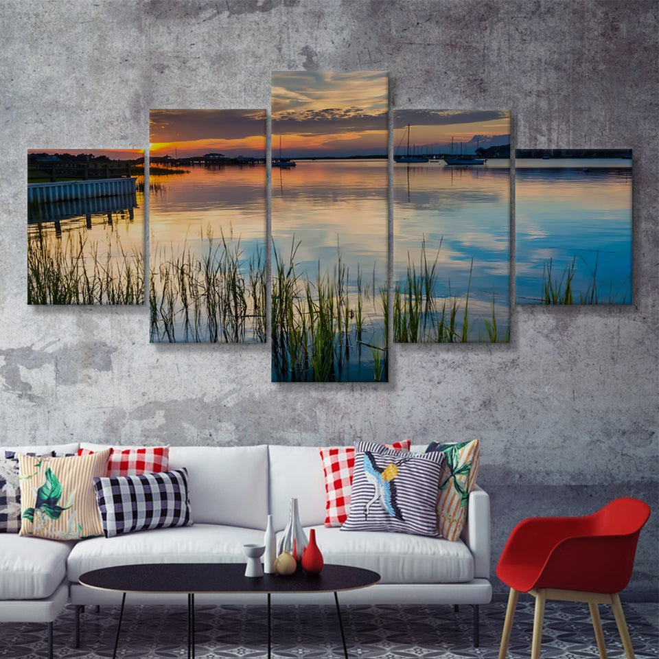 Sunset over the Folly River in Folly Beach South Carolina 5 Pieces Canvas Prints Wall Art - Painting Canvas, Multi Panels, Wall Decor