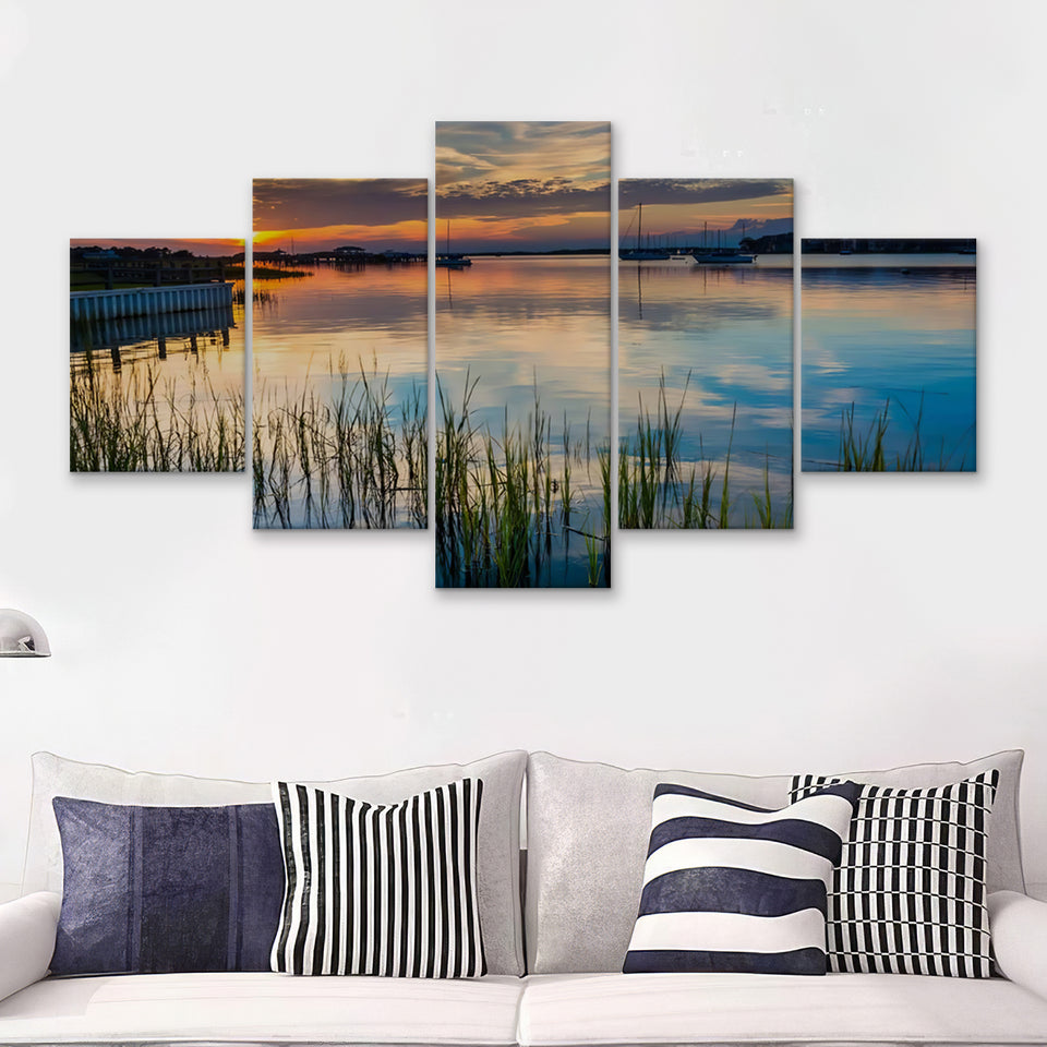 Sunset over the Folly River in Folly Beach South Carolina 5 Pieces Canvas Prints Wall Art - Painting Canvas, Multi Panels, Wall Decor