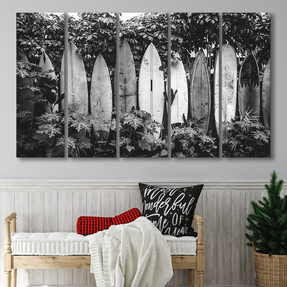 Surfboards Art Black And White Print, Vintage Surfboards Larger Canvas Art, 5 Piece Canvas Prints Wall Art Decor
