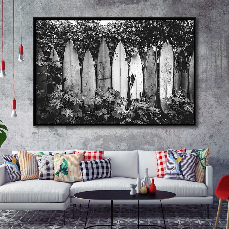 Surfboards Art Black And White Print, Vintage Surfboards Framed Canvas Prints Wall Art Home Decor,Floating Frame