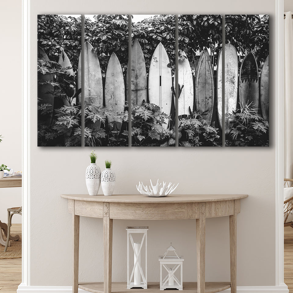 Surfboards Art Black And White Print, Vintage Surfboards Larger Canvas Art, 5 Piece Canvas Prints Wall Art Decor