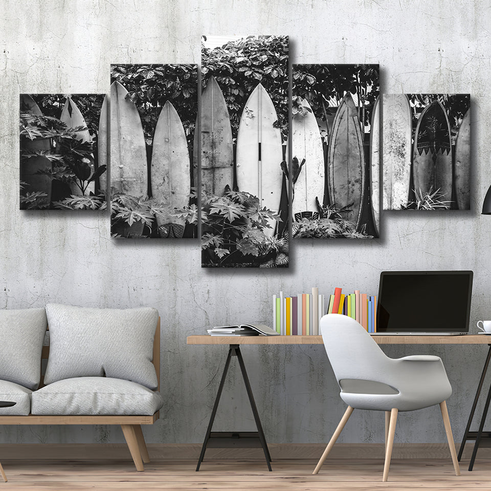 Surfboards Art Black And White Print, Vintage Surfboards 5 Panels, Canvas Prints Wall Art Decor, Large Canvas Art