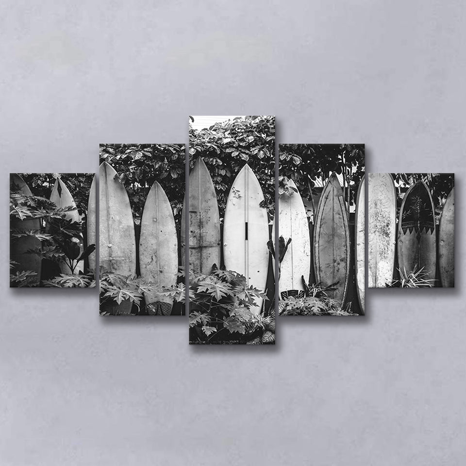Surfboards Art Black And White Print, Vintage Surfboards 5 Panels, Canvas Prints Wall Art Decor, Large Canvas Art