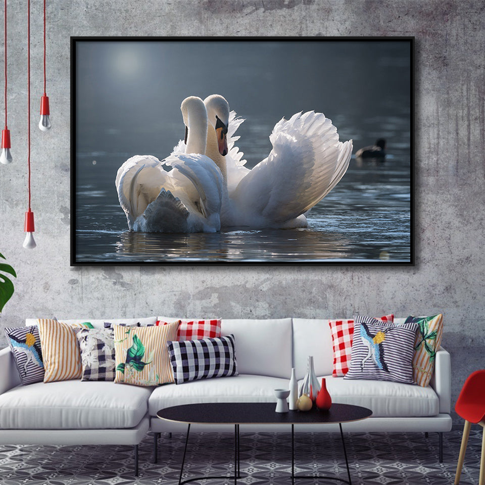 Swan, Love Framed Canvas Prints Wall Art Decor, Black Floating Frame
