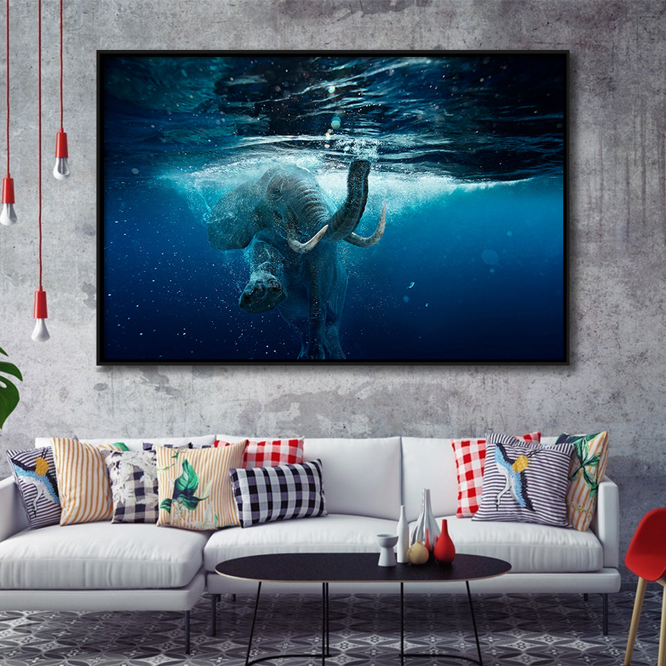 Swimming Elephant Framed Canvas Prints Wall Art Decor, Framed Picture, Floating Frame