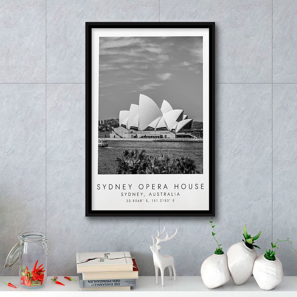 Sydney Opera House Black And White Art Framed Canvas Prints Wall Art Home Decor, Floating Frame