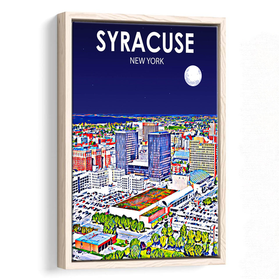 Syracuse New York Art Night Landscape, Large Canvas, Framed Canvas Print Wall Art Home Decor, Floating Frame