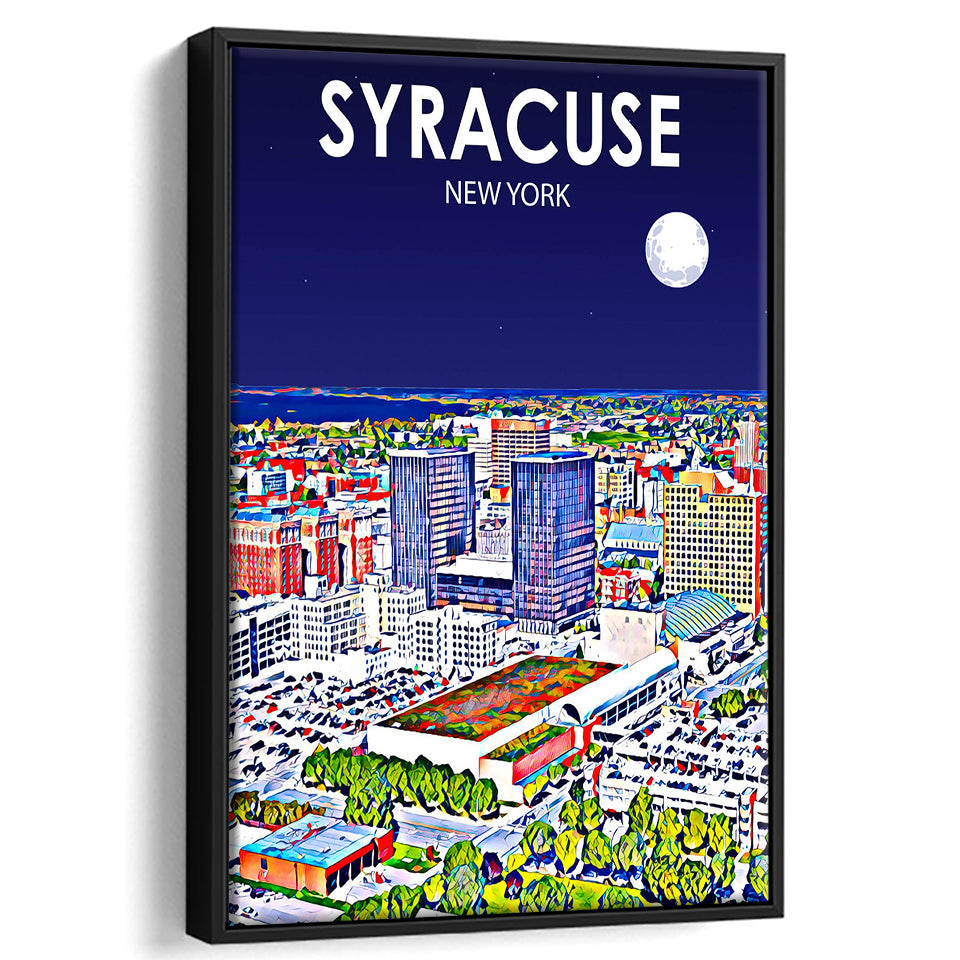Syracuse New York Art Night Landscape, Large Canvas, Framed Canvas Print Wall Art Home Decor, Floating Frame