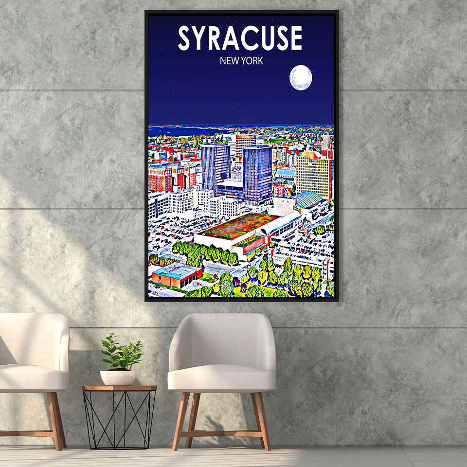 Syracuse New York Art Night Landscape, Large Canvas, Framed Canvas Print Wall Art Home Decor, Floating Frame