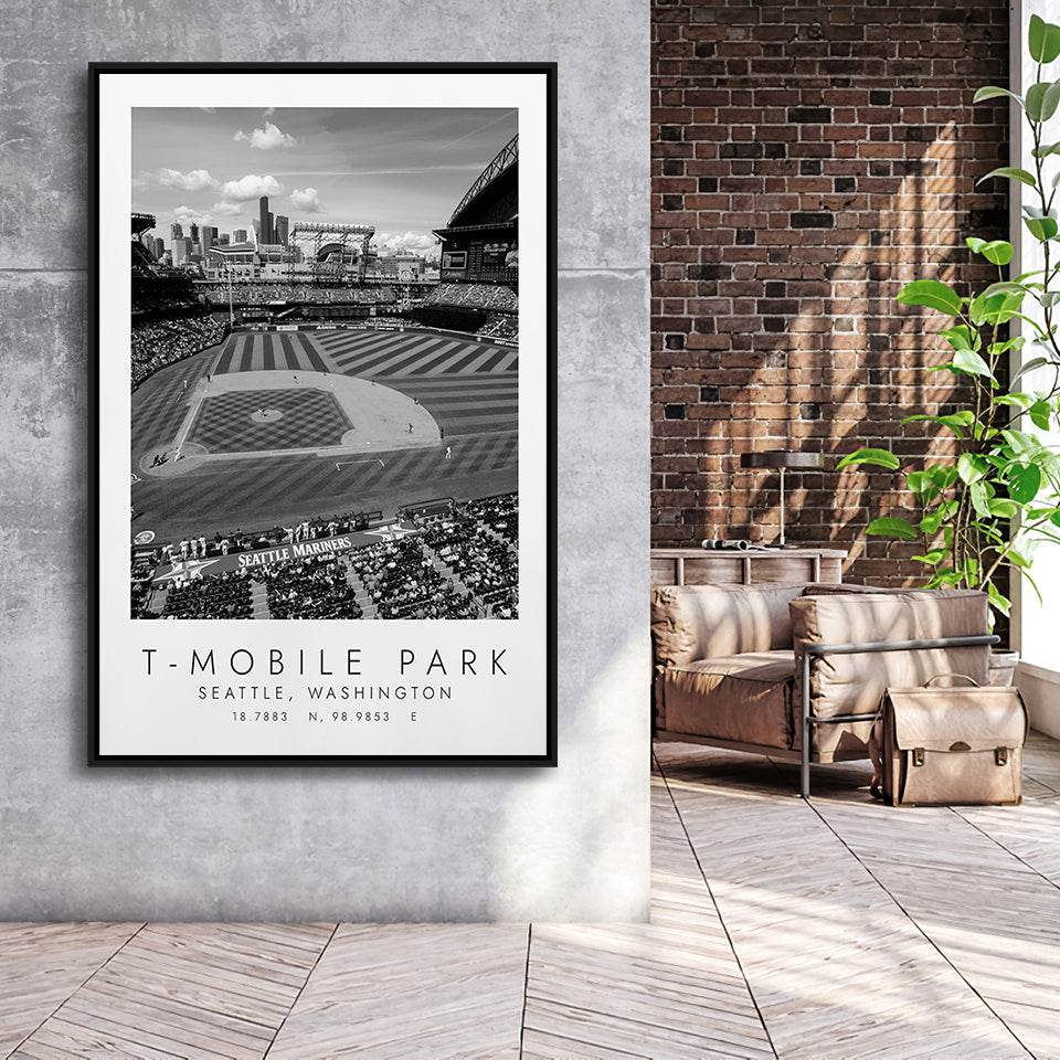 T-Mobile Park Seattle Mariners Baseball Lovers Black And White Art Framed Canvas Prints Wall Art Home Decor, Floating Frame