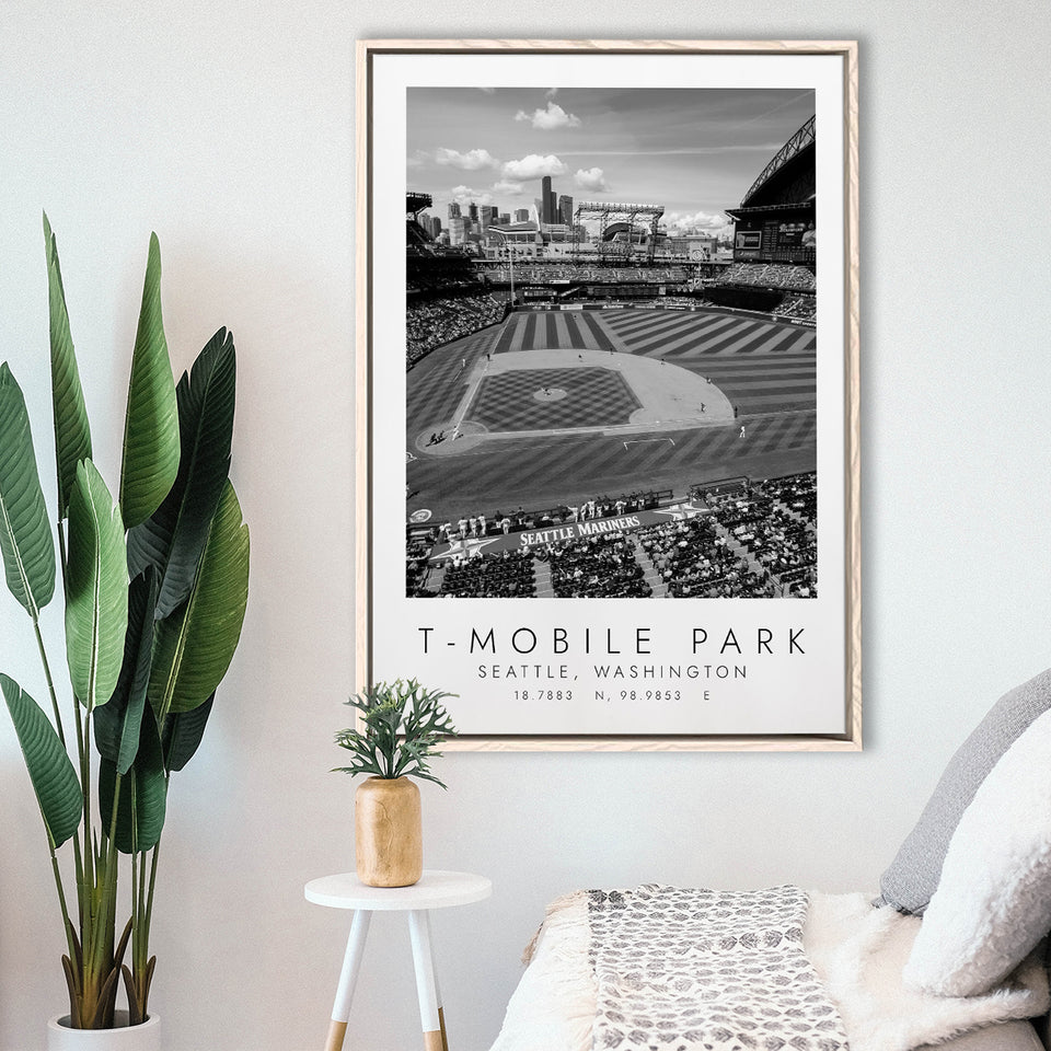 T-Mobile Park Seattle Mariners Baseball Lovers Black And White Art Framed Canvas Prints Wall Art Home Decor, Floating Frame