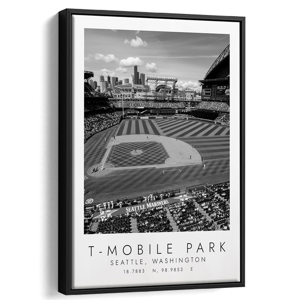 T-Mobile Park Seattle Mariners Baseball Lovers Black And White Art Framed Canvas Prints Wall Art Home Decor, Floating Frame