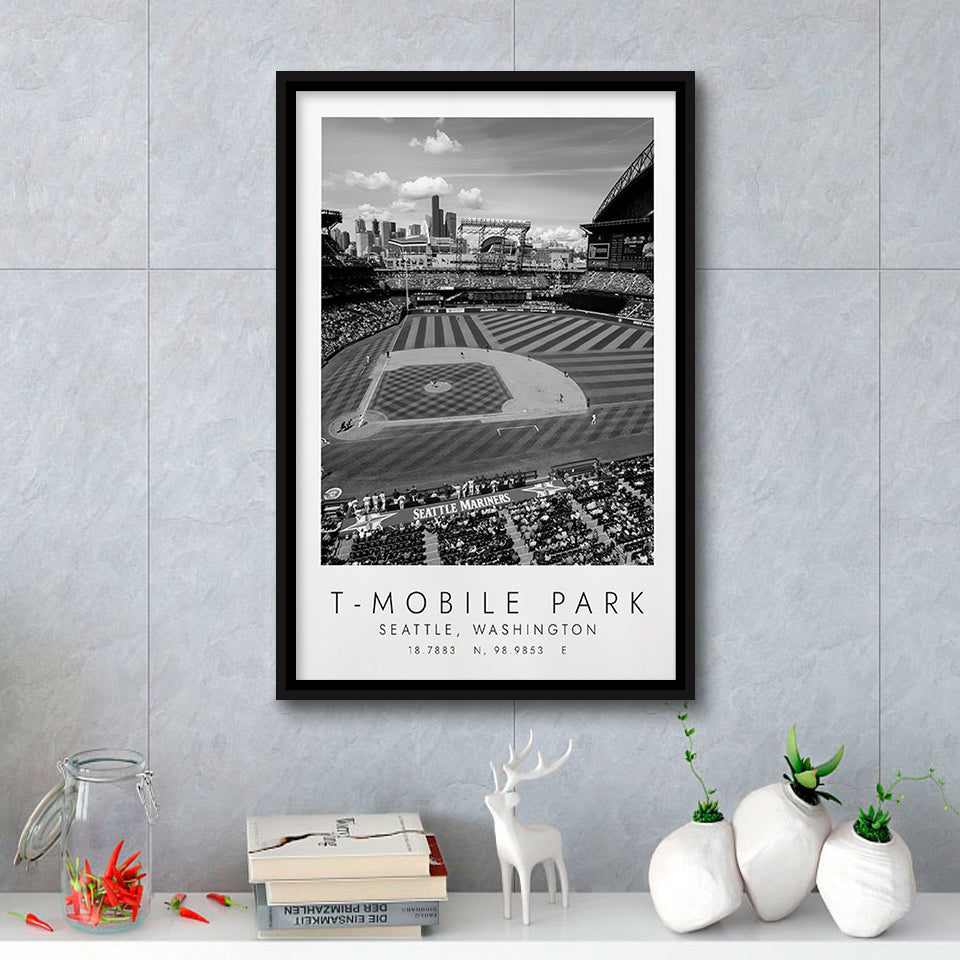 T-Mobile Park Seattle Mariners Baseball Lovers Black And White Art Framed Canvas Prints Wall Art Home Decor, Floating Frame