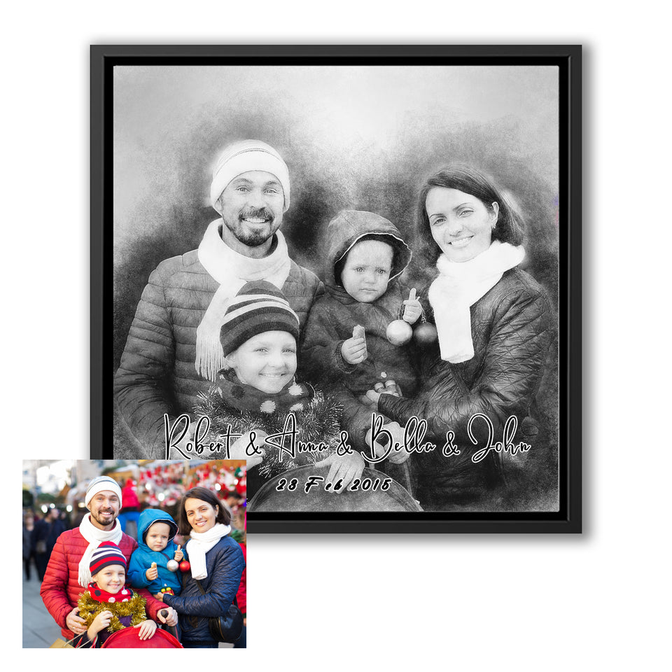 Custom Pencil Sketch Framed Canvas Prints, Personalised Family Portrait With Pet, Memory Gift, Personalised Gift, Wall Art - Painting Prints