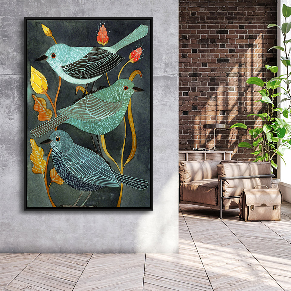 Three Little Birds Framed Canvas Prints Wall Art Home Decor - Painting Canvas,Black Frame, Ready to hang