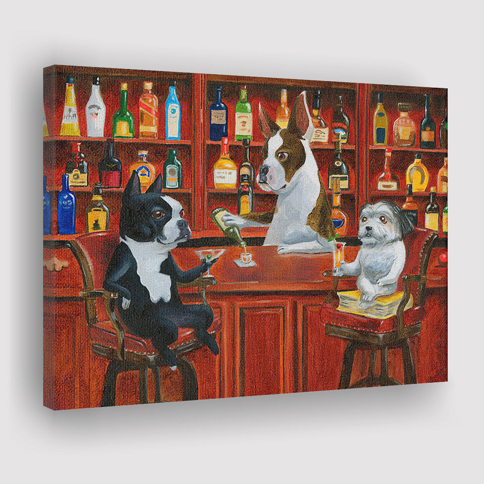 Three Dogs Friends At The Bar Canvas Prints Wall Art - Painting Canvas, Home Decor, Canvas Art, Prints For Sale