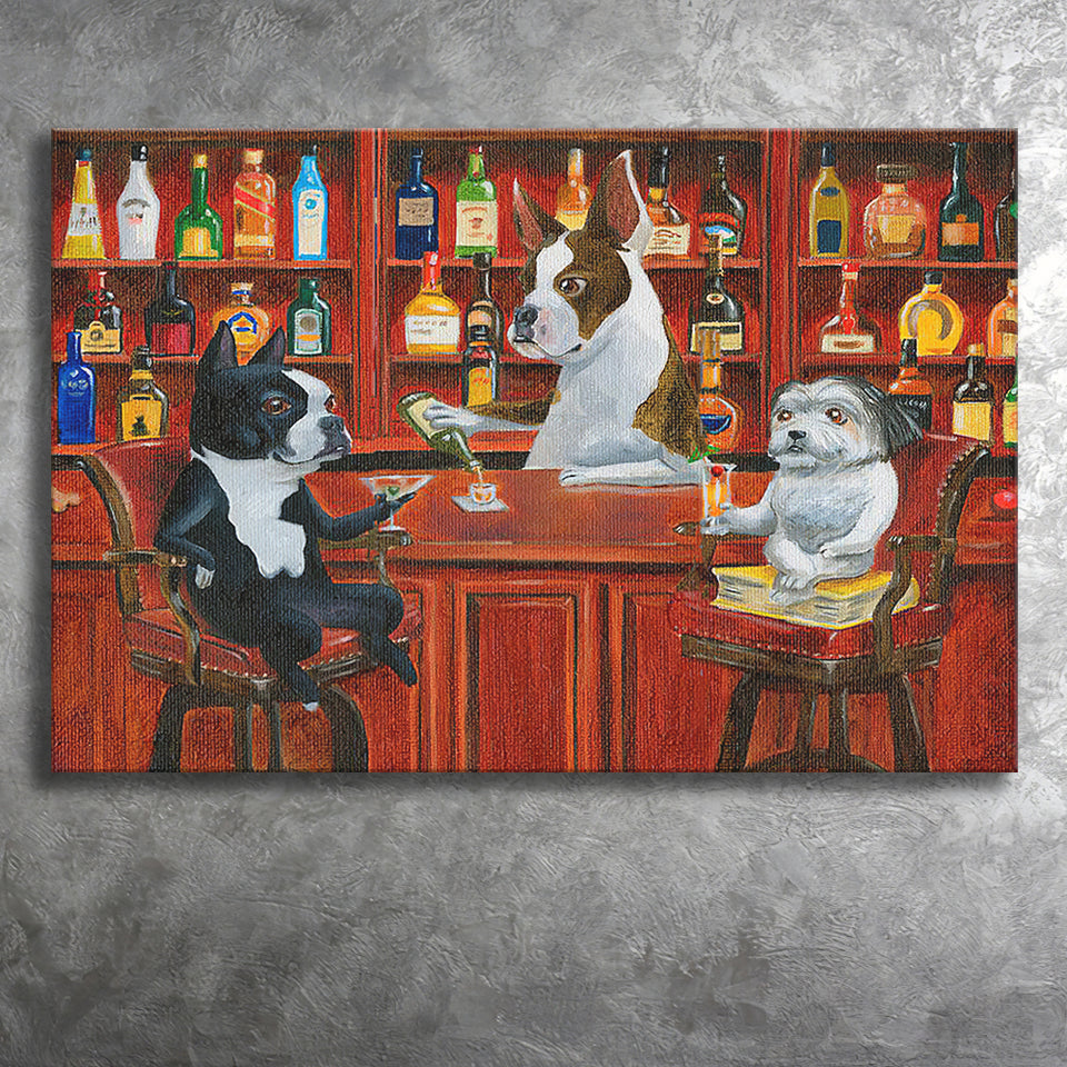 Three Dogs Friends At The Bar Canvas Prints Wall Art - Painting Canvas, Home Decor, Canvas Art, Prints For Sale