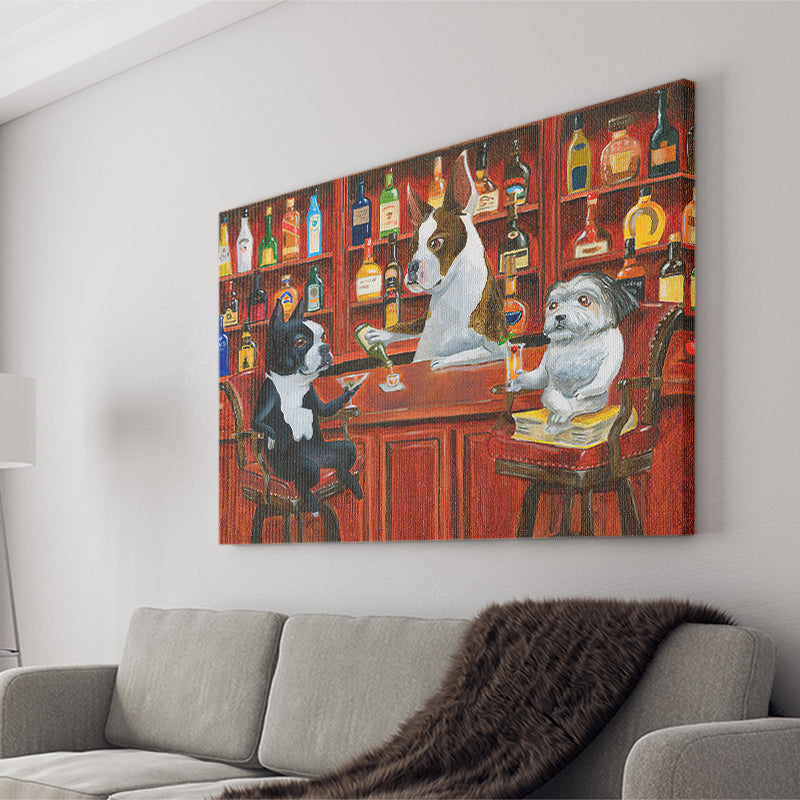Three Dogs Friends At The Bar Canvas Prints Wall Art - Painting Canvas, Home Decor, Canvas Art, Prints For Sale