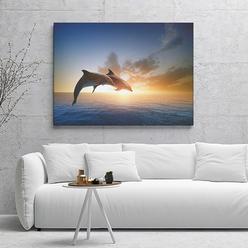 Two Jumping Dolphins At Sunset Canvas Wall Art - Painting Canvas, Canvas Prints, Painting Art, Prints for Sale