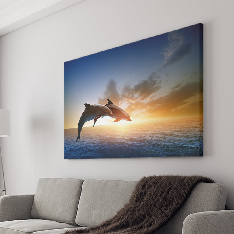 Two Jumping Dolphins At Sunset Canvas Wall Art - Painting Canvas, Canvas Prints, Painting Art, Prints for Sale