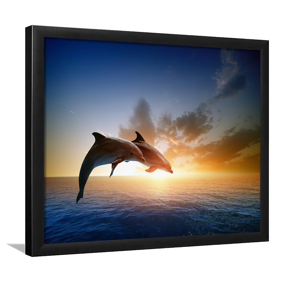 Two Jumping Dolphins At Sunset Framed Art Prints - Framed Prints, Painting Prints, Prints for Sale, Framed Picture