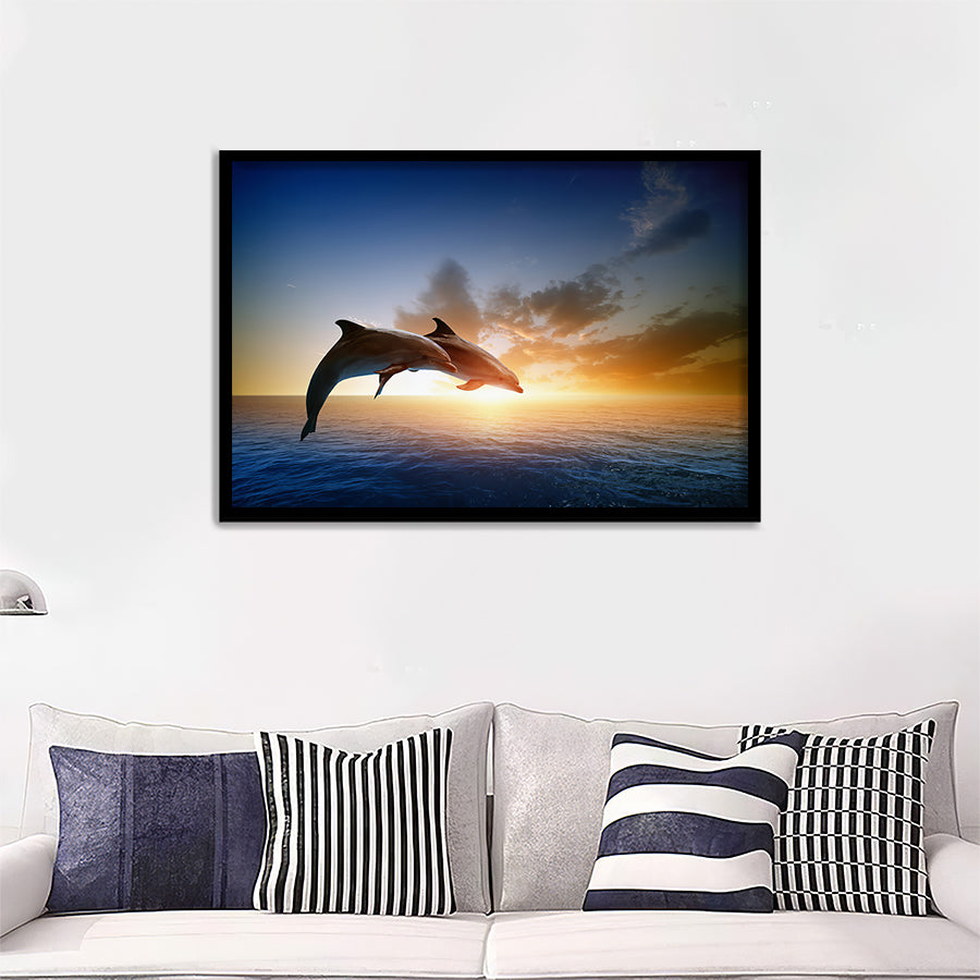 Two Jumping Dolphins At Sunset Framed Art Prints - Framed Prints, Painting Prints, Prints for Sale, Framed Picture
