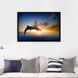 Two Jumping Dolphins At Sunset Framed Art Prints - Framed Prints, Painting Prints, Prints for Sale, Framed Picture
