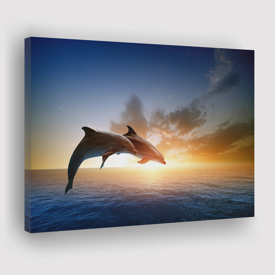 Two Jumping Dolphins At Sunset Canvas Wall Art - Painting Canvas, Canvas Prints, Painting Art, Prints for Sale