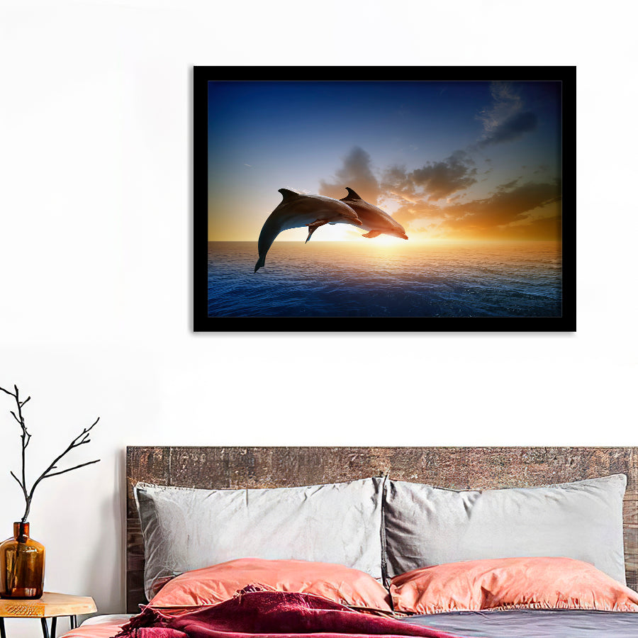 Two Jumping Dolphins At Sunset Framed Art Prints - Framed Prints, Painting Prints, Prints for Sale, Framed Picture